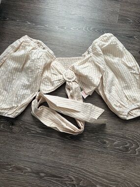 Cream Striped Puff Sleeve Tie-Front Women’s Top